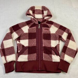 The North Face Hoodie Women's XS Red Plaid Sherpa Fleece Full Zip Outdoors Logo